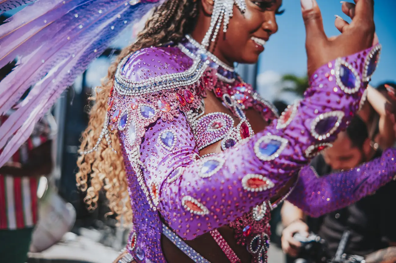 Passista de carnaval em fantasia roxa fotografada em close