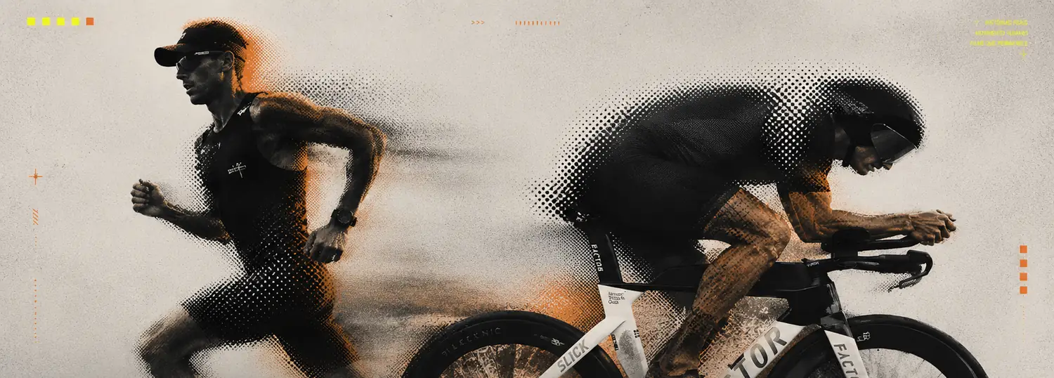 Triatleta correndo e ciclista em bicicleta de contrarrelógio, arte oficial da masterclass